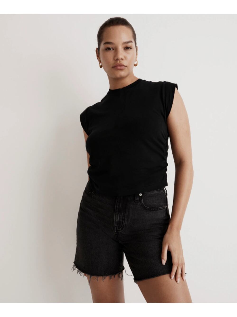 Madewell Side Cinch Muscle Tee WMNS XS Black Crewneck Cap Sleeve Slim Fit NJ787